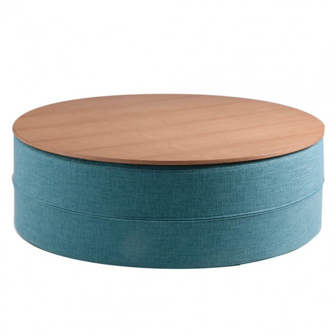 Mesa de centro 80cm tapizado azul y superficie madera