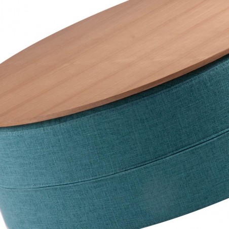 Mesa de centro 80cm tapizado azul y superficie madera