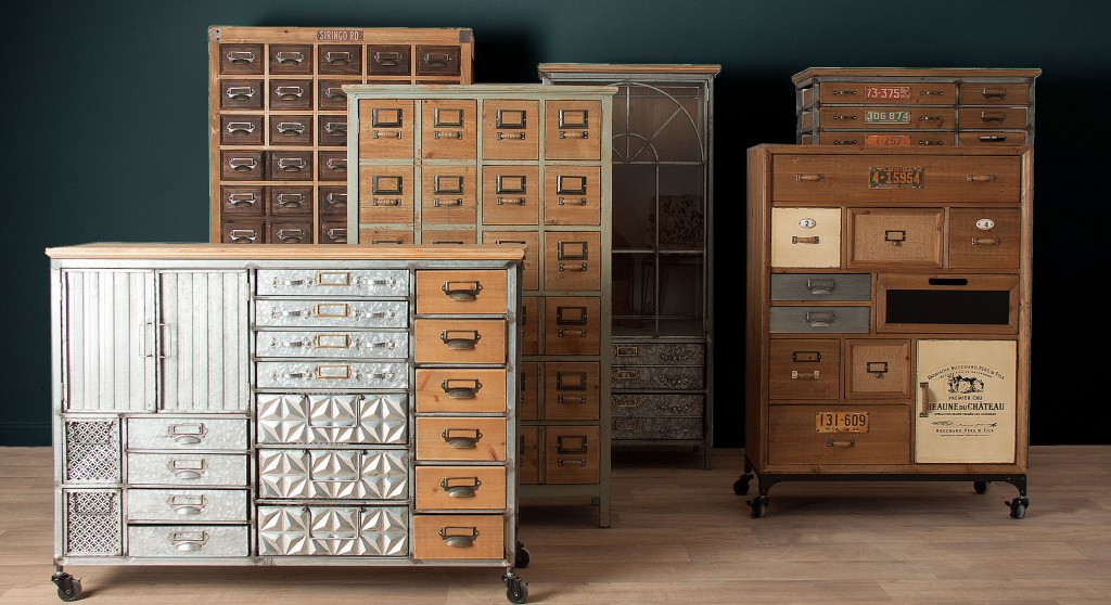 Colección de cajoneras de estilo vintage industrial