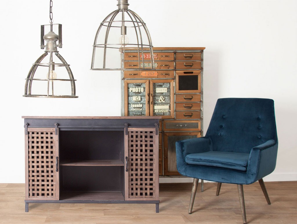 Combinacion de muebles estilo vintage e industrial